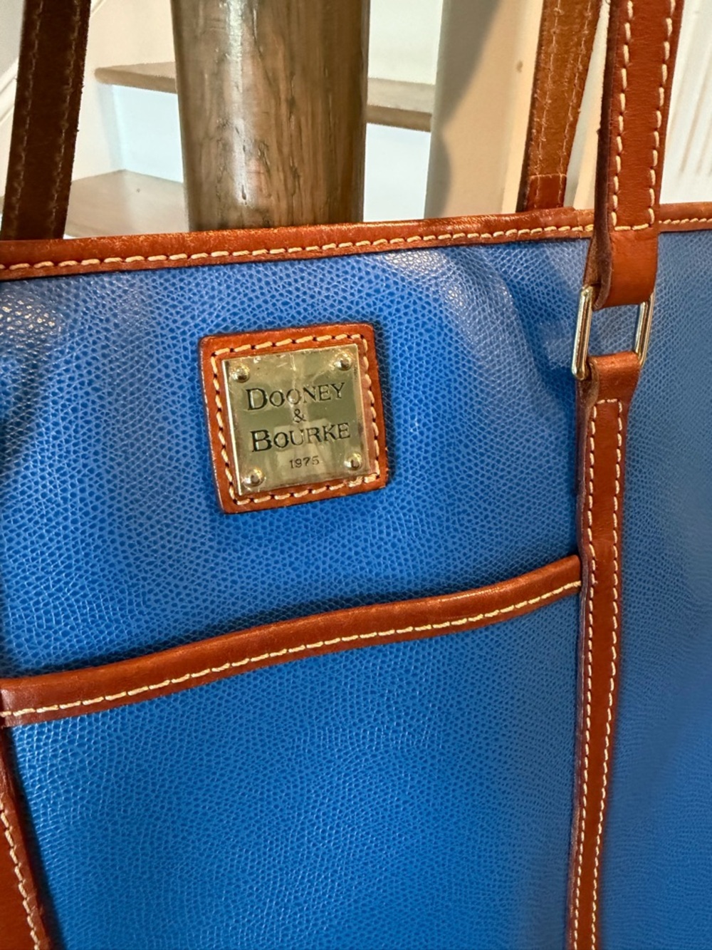 Dooney & Bourke Blue Tote with Brown Leather Trim and Straps - Picture 2 of 8
